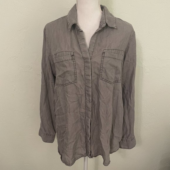 Gray Button Down Shirt with Split Hem Back - Picture 3 of 10